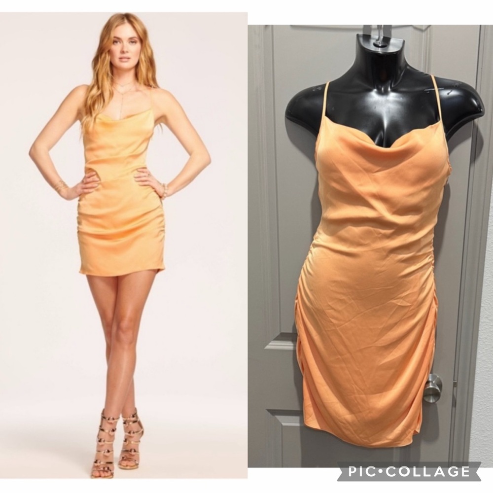 Ramy Brook Kiki peach orange ruched mini midi shift satin dress S 6